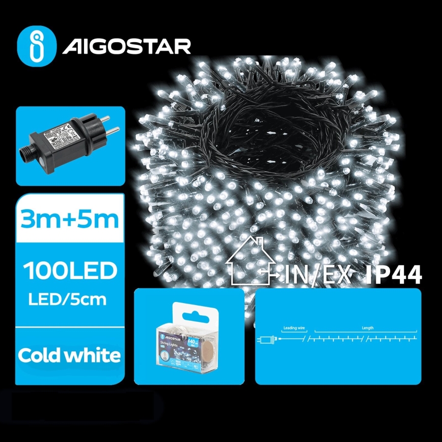 Aigostar - Cadena LED navideña exterior 100xLED/8 funciones 8m IP44 blanco frío