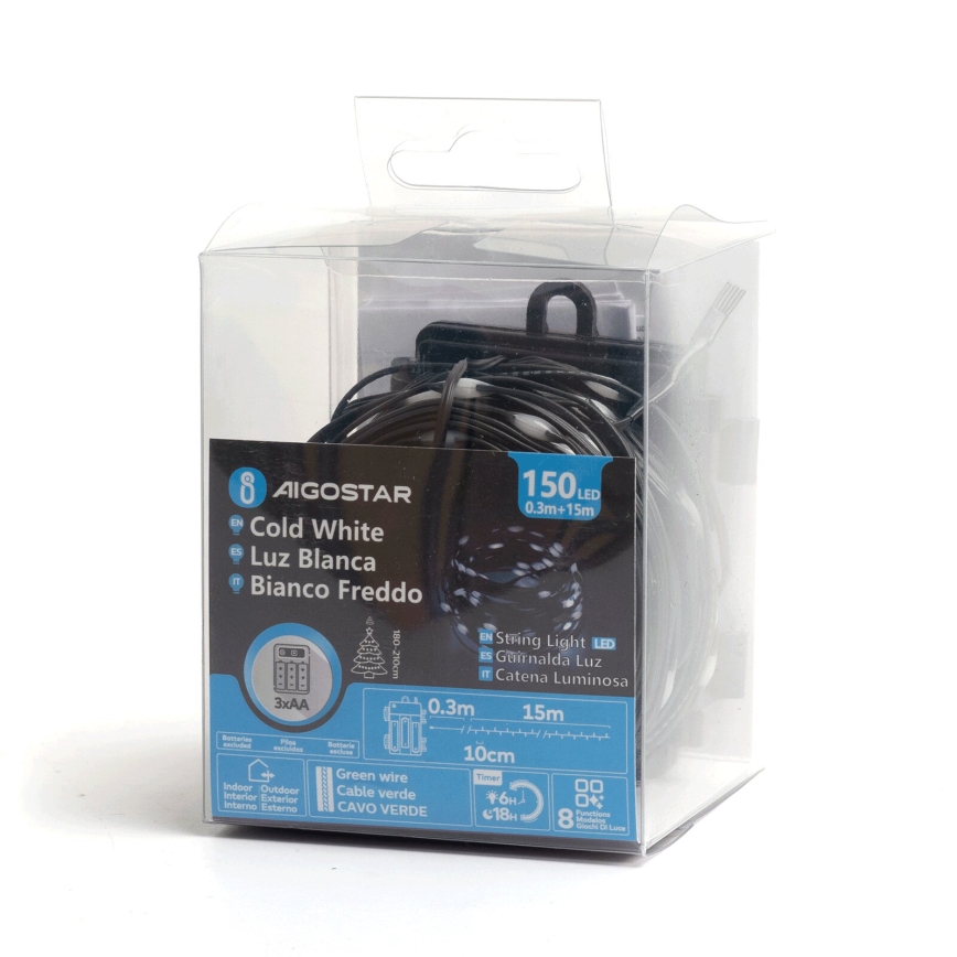 Aigostar - Cadena LED navideña exterior 150xLED/8 funciones/3xAA 15,3m IP44 blanco frío