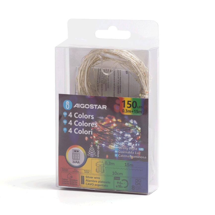 Aigostar - Cadena LED navideña exterior 150xLED/8 funciones/3xAA 15,3m IP44 multicolor