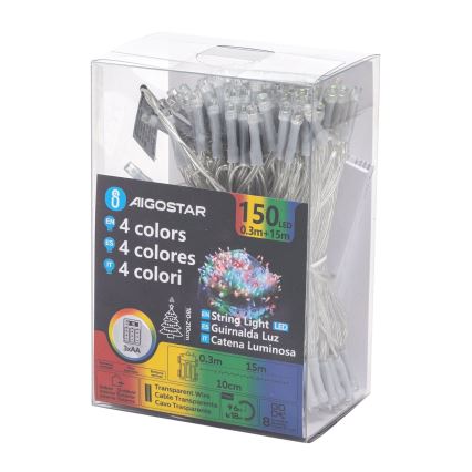 Aigostar - Cadena LED navideña exterior 150xLED/8 funciones 3xAA 15,3m IP44 multicolor