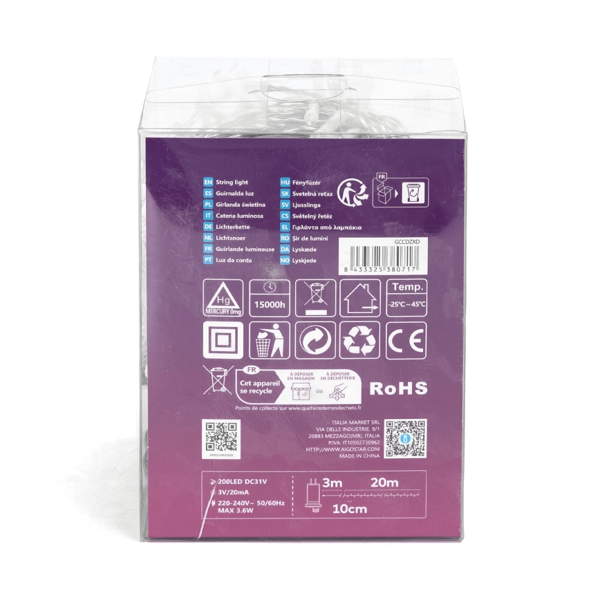 Aigostar - Cadena LED navideña exterior 200xLED/8 funciones 23m IP44 blanco frío