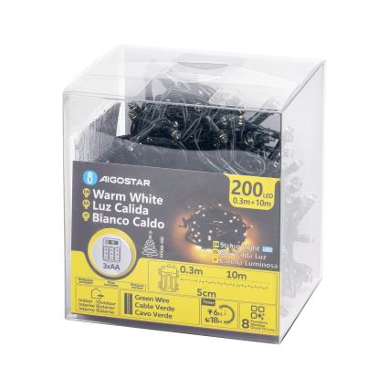 Aigostar - Cadena LED navideña exterior 200xLED/8 funciones 3xAA 10,3m IP44 blanco cálido