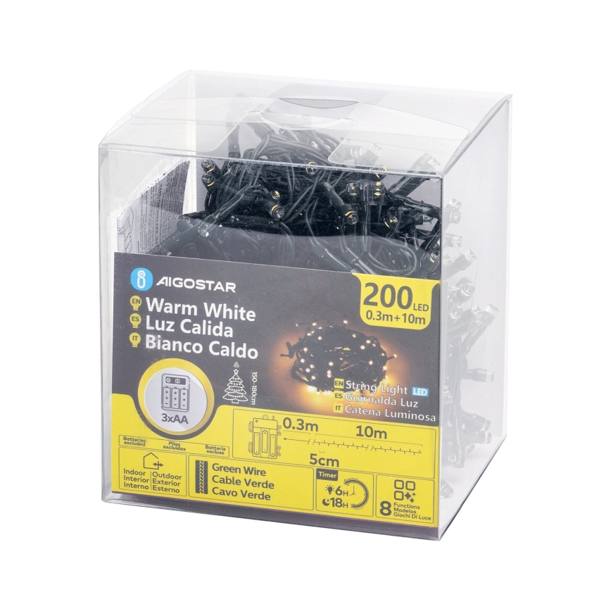 Aigostar - Cadena LED navideña exterior 200xLED/8 funciones 3xAA 10,3m IP44 blanco cálido