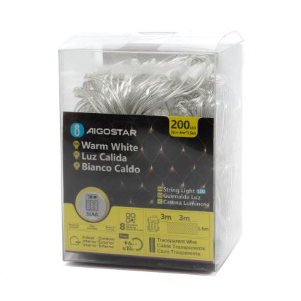 Aigostar - Cadena LED navideña exterior 200xLED/8 funciones 3xAA 6x1,5m IP44 blanco cálido
