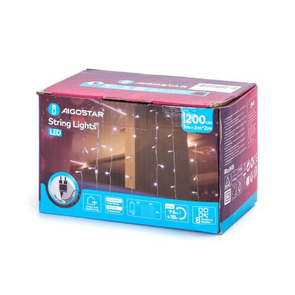 Aigostar - Cadena LED navideña exterior 200xLED/8 funciones 5x2m IP44 blanco frío