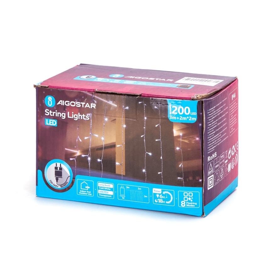 Aigostar - Cadena LED navideña exterior 200xLED/8 funciones 5x2m IP44 blanco frío