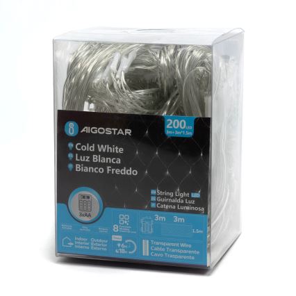 Aigostar - Cadena LED navideña exterior 200xLED/8 funciones/3xAA 6x1,5m IP44 blanco frío
