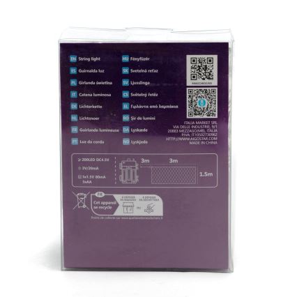 Aigostar - Cadena LED navideña exterior 200xLED/8 funciones/3xAA 6x1,5m IP44 blanco frío