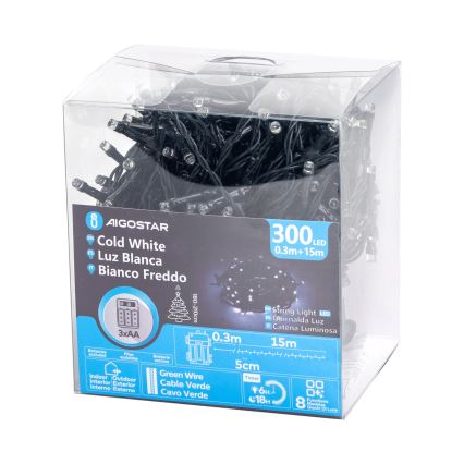 Aigostar - Cadena LED navideña exterior 300xLED/8 funciones 15,3m IP44 blanco frío