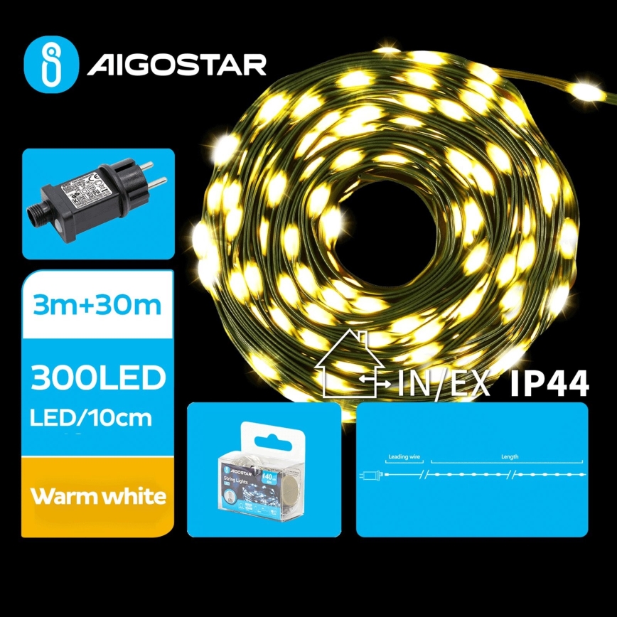 Aigostar - Cadena LED navideña exterior 300xLED/8 funciones 33m IP44 blanco cálido