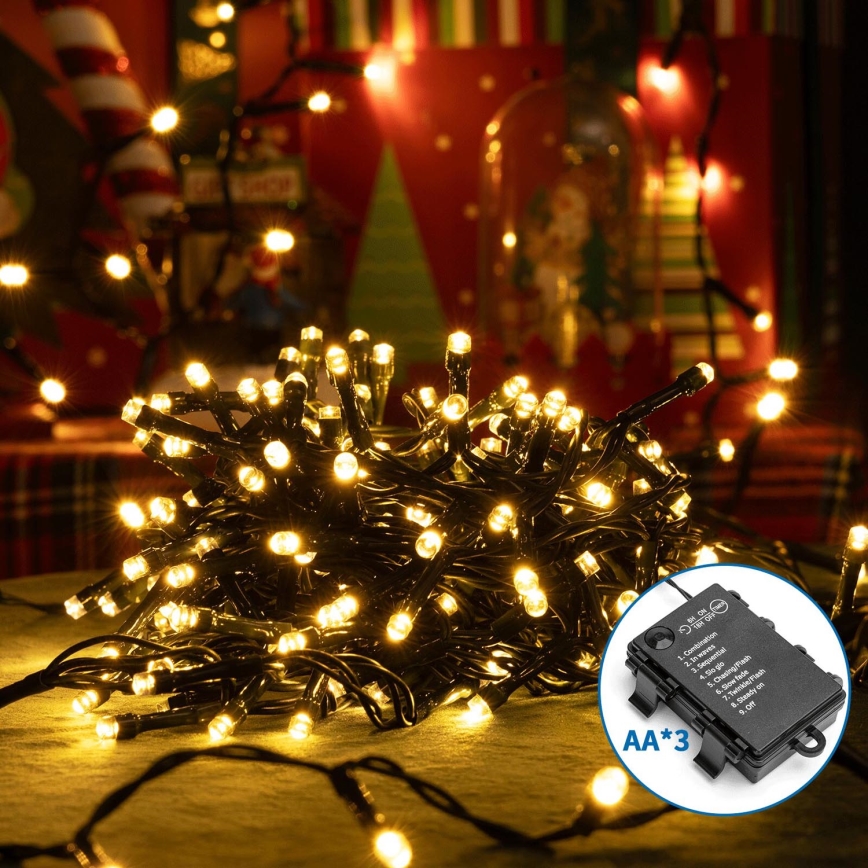 Aigostar - Cadena LED navideña exterior 300xLED/8 funciones 3xAA 15,3m IP44 blanco cálido