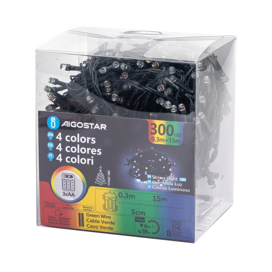 Aigostar - Cadena LED navideña exterior 300xLED/8 funciones 3xAA 15,3m IP44 multicolor