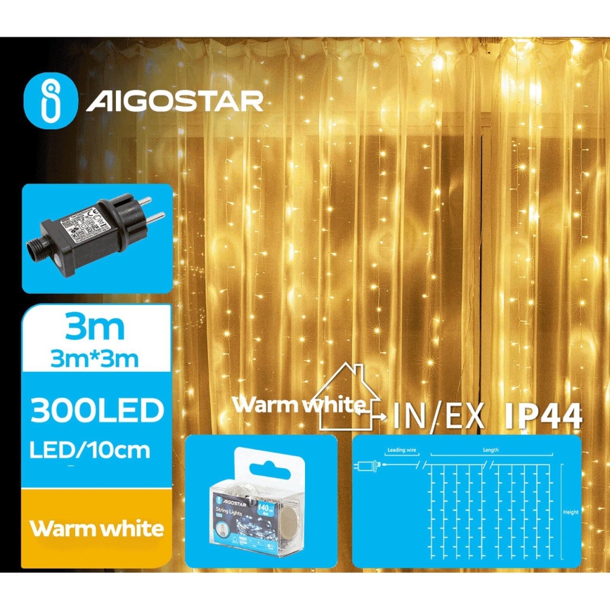 Aigostar - Cadena LED navideña exterior 300xLED/8 funciones 6x3m IP44 blanco cálido