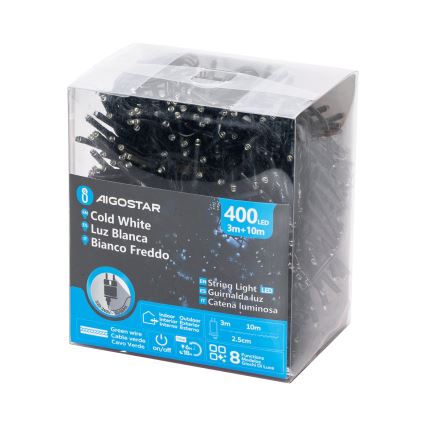 Aigostar - Cadena LED navideña exterior 400xLED/8 funciones 13m IP44 blanco frío