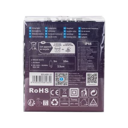 Aigostar - Cadena LED navideña exterior 400xLED/8 funciones 13m IP44 blanco frío