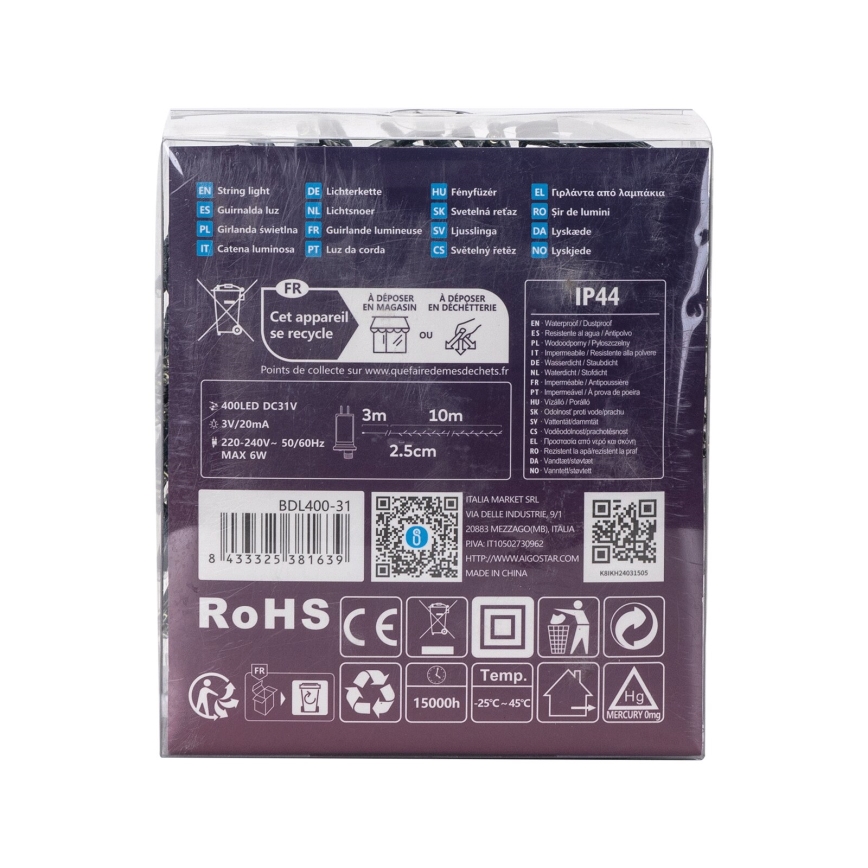 Aigostar - Cadena LED navideña exterior 400xLED/8 funciones 13m IP44 blanco frío