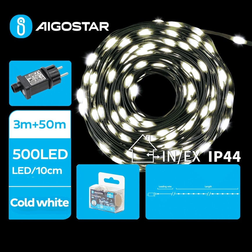 Aigostar - Cadena LED navideña exterior 500xLED/8 funciones 53m IP44 blanco frío
