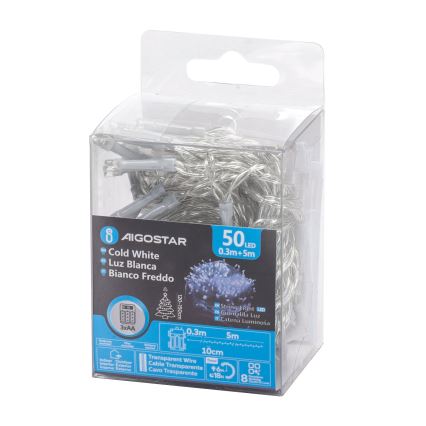 Aigostar - Cadena LED navideña exterior 50xLED/8 funciones 3xAA 5,3m IP44 blanco frío