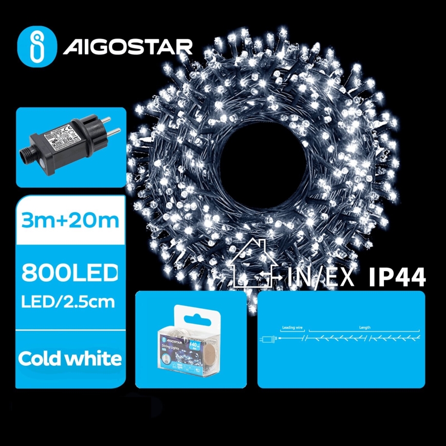 Aigostar - Cadena LED navideña exterior 800xLED/8 funciones 23m IP44 blanco frío