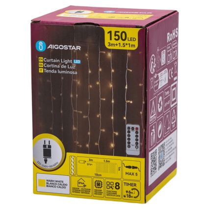 Aigostar - Guirnalda navideña LED para exterior 150xLED/6W/230V/8 funciones 1,5x1m IP44 blanco cálido + mando a distancia