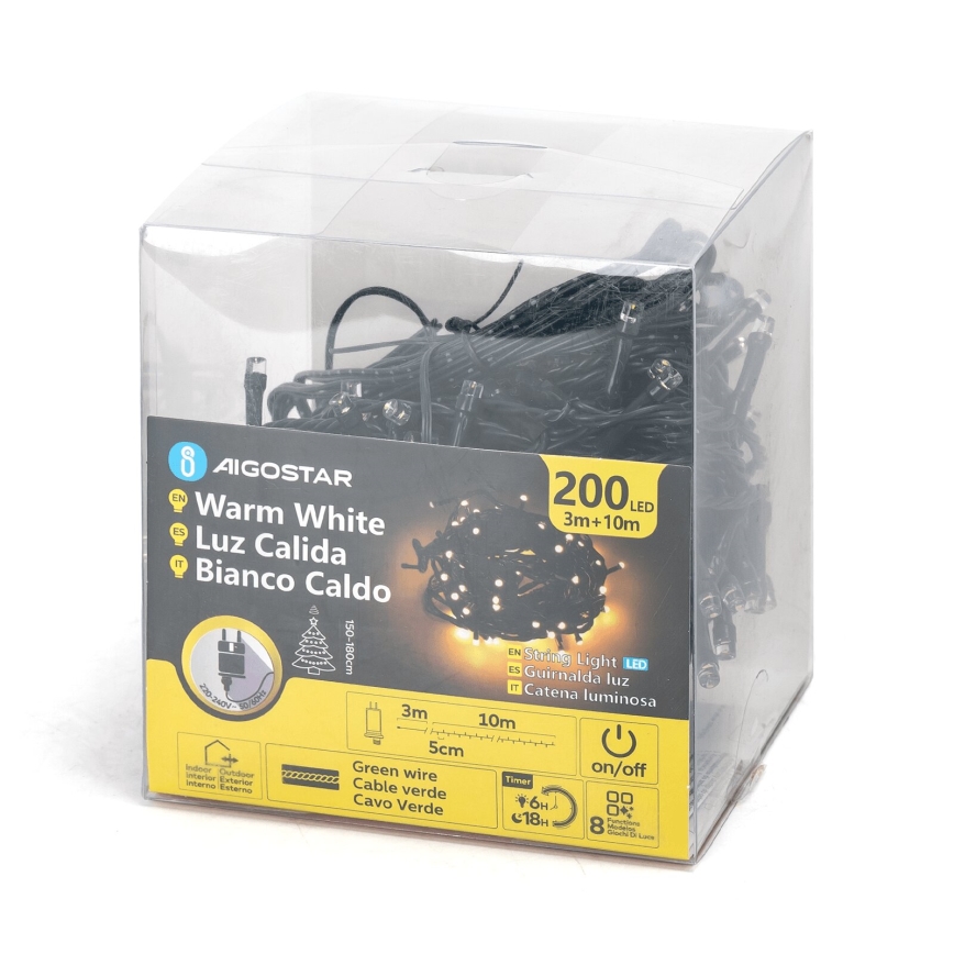 Aigostar - Cadena LED navideña para exterior 200 LED/8 funciones 13m IP44 blanco cálido