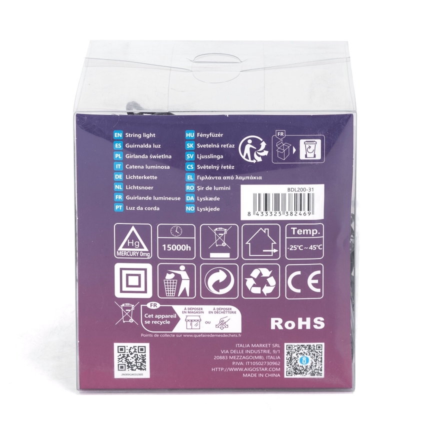 Aigostar - Cadena LED navideña para exterior 200 LED/8 funciones 13m IP44 blanco cálido