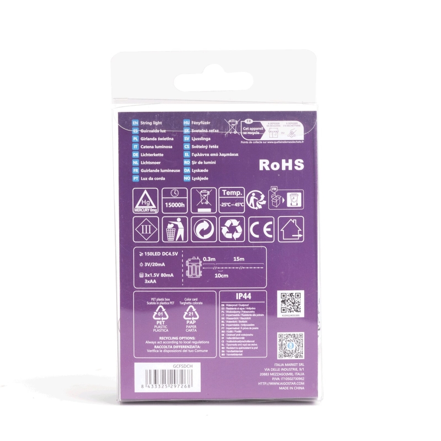 Aigostar - Cadena de luces LED para exterior 150 LEDs/8 funciones/3xAA 15,3 m IP44 blanco frío