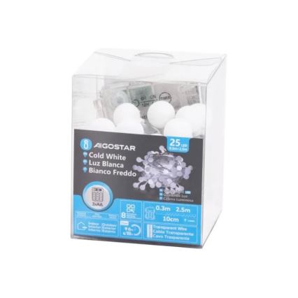 Aigostar - Guirnalda LED para exterior 25xLED/3xAA/8 funciones 2,8 m IP44 blanco frío