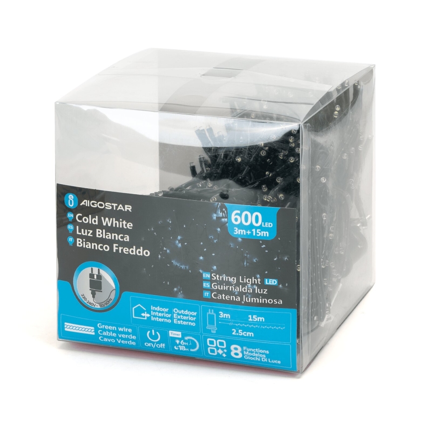 Aigostar - Cadena luminosa navideña LED para exterior, 600 LEDs/8 funciones, 18 m, IP44, blanco frío
