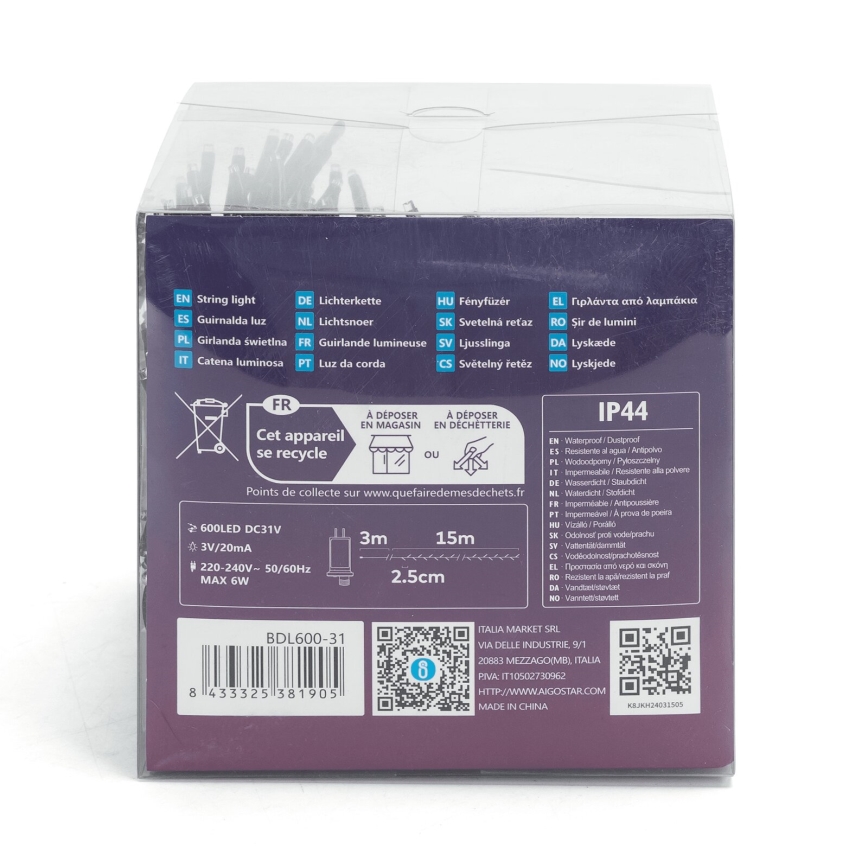 Aigostar - Cadena luminosa navideña LED para exterior, 600 LEDs/8 funciones, 18 m, IP44, blanco frío