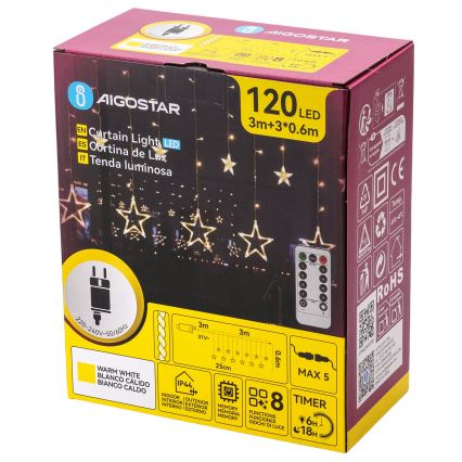 Aigostar - LED Guirnalda navideña para exterior 120xLED/8 funciones 3x0,6 m IP44 blanco cálido + control remoto