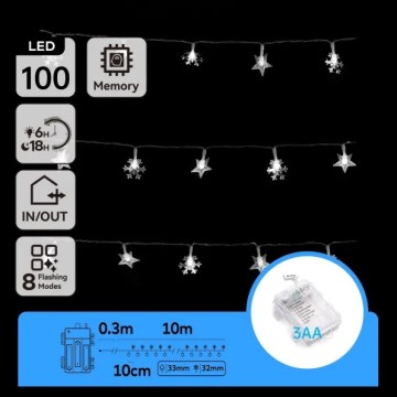 Aigostar - Cadena navideña LED para exterior, 100 LEDs/8 funciones, 3xAA, 10 m, IP44, blanco frío