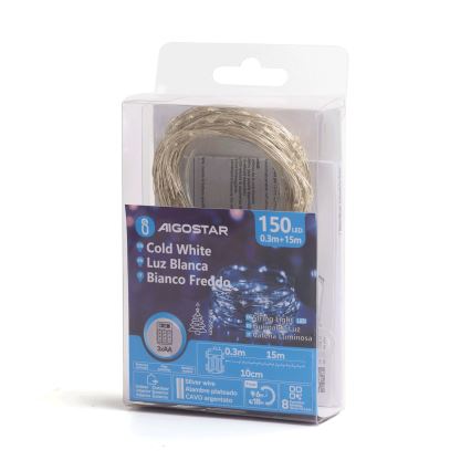 Aigostar - Cadena navideña LED para exterior 150xLED/8 funciones 15,3m IP44 blanco frío