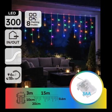 Aigostar - Cadena navideña LED para exterior 300 LEDs/8 funciones 3xAA 18x0,6 m IP44 multicolor