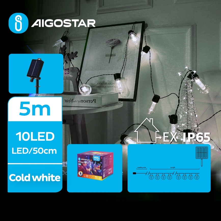 Aigostar - Cadena navideña solar LED 10xLED/8 funciones 6,5m 500 mAh IP65 blanco frío