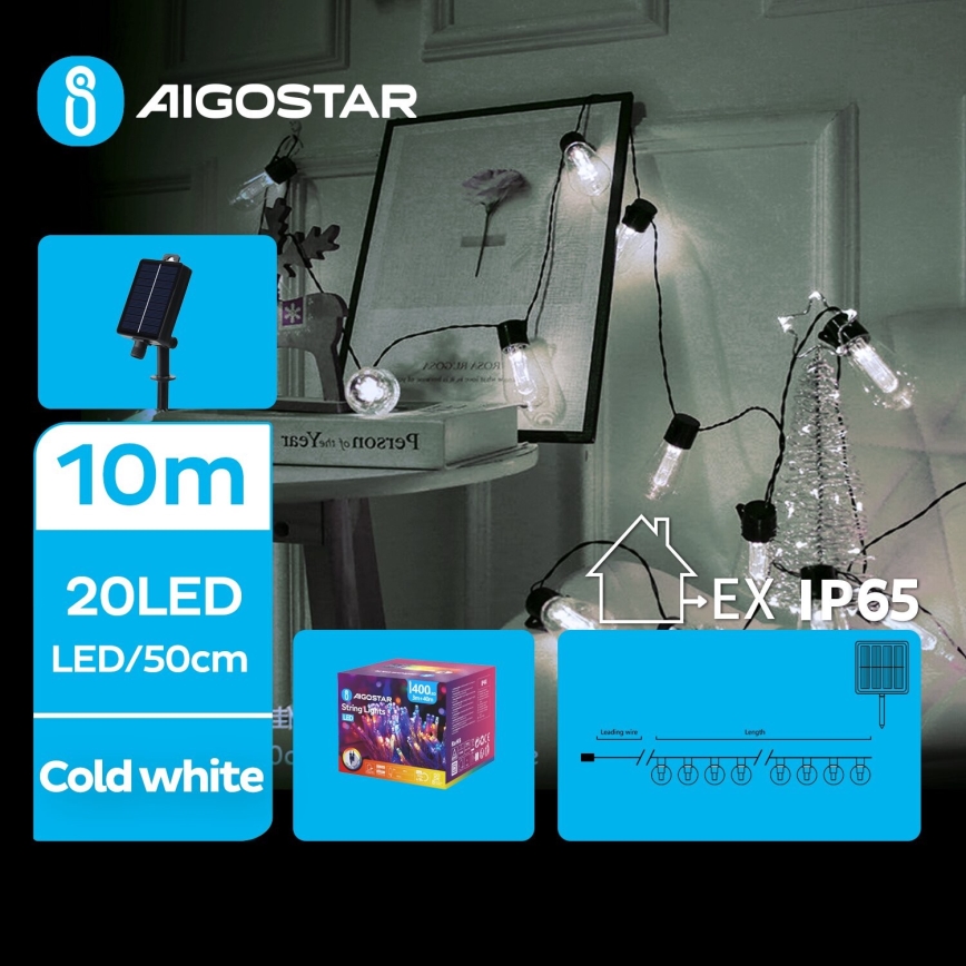 Aigostar - Cadena navideña solar LED 20xLED/8 funciones 11,5m 1200 mAh IP65 blanco frío