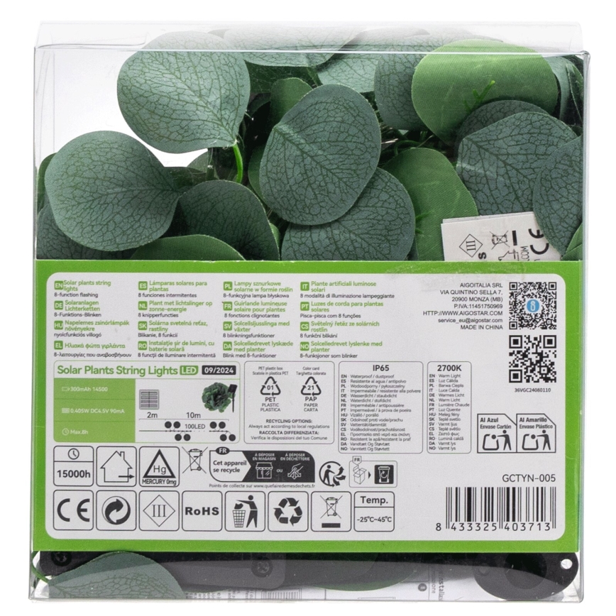 Aigostar - Cadena solar LED 100xLED/12m IP65 300 mAh blanco cálido eucalipto