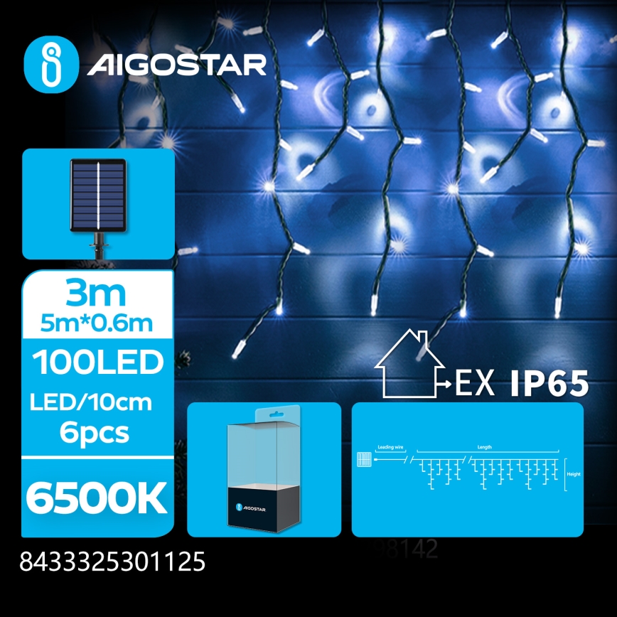 Aigostar - Guirnalda solar LED 100 LEDs/8 funciones 8x0,6m 500 mAh IP65 blanco frío