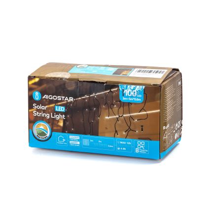 Aigostar - Guirnalda solar LED 100 LEDs/8 funciones 8x0,6m 500 mAh IP65 blanco frío