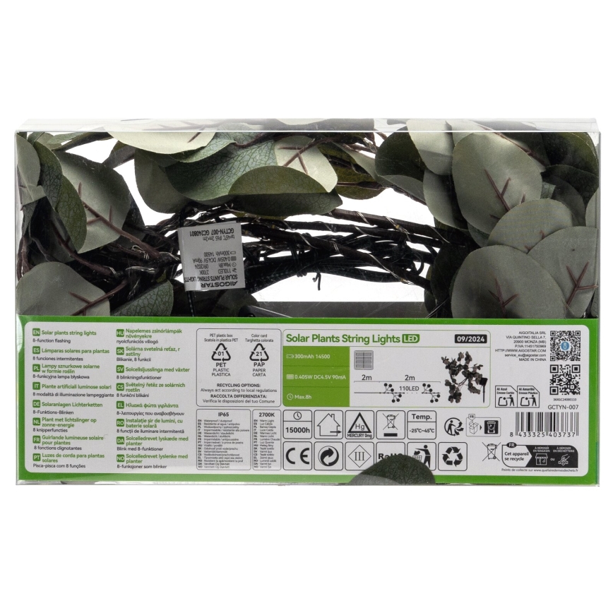 Aigostar - Cadena solar LED 110xLED/4m IP65 300 mAh blanco cálido eucalipto