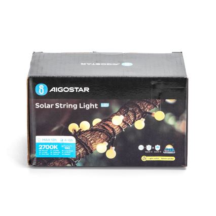 Aigostar - Cadena decorativa solar LED 50xLED/8 funciones 12m IP65 800 mAh blanco cálido