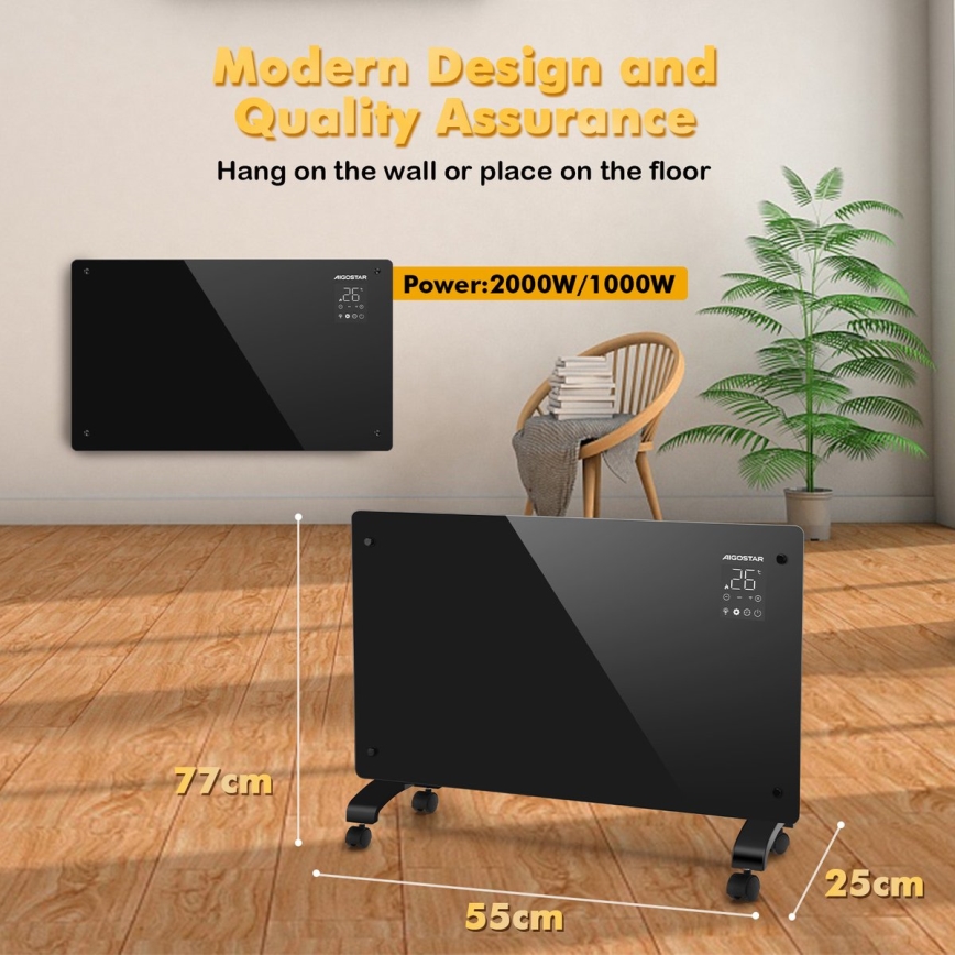 Aigostar - Calefactor/convector eléctrico inteligente con pantalla LCD ECO/1000/2000W Wi‑Fi