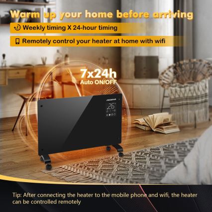 Aigostar - Calefactor/convector eléctrico inteligente con pantalla LCD ECO/1000/2000W Wi‑Fi