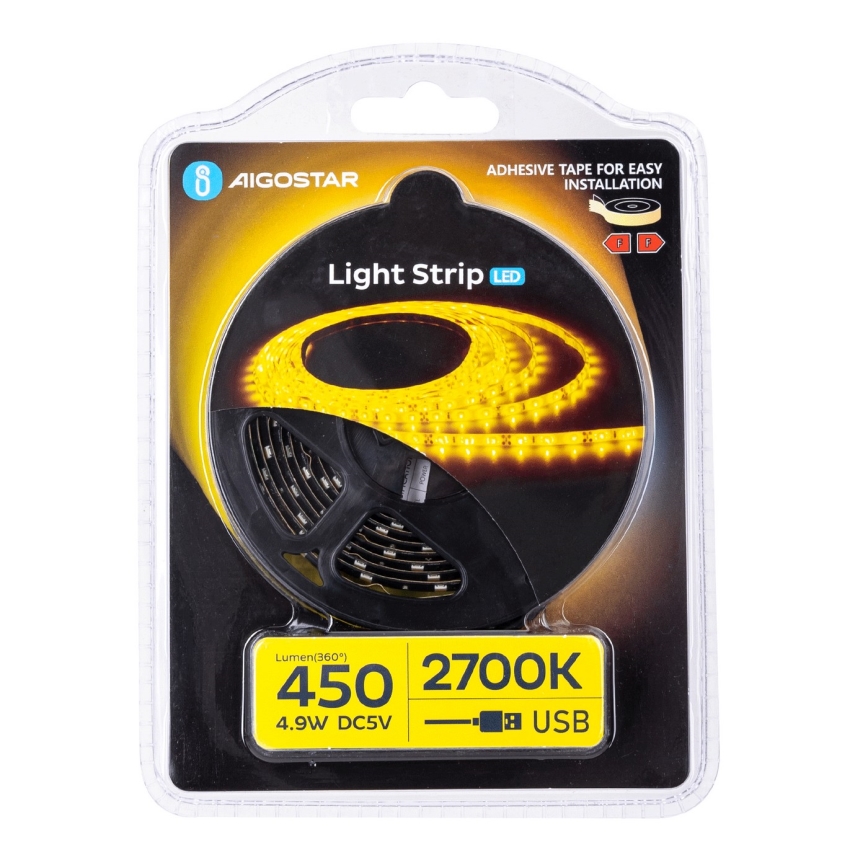 Aigostar - Cinta LED 2m LED/4,9W/5V 2700K IP65 negro