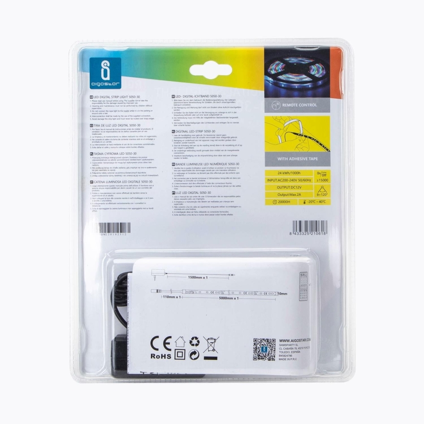 Aigostar - Cinta LED RGB regulable para exteriores 5m LED/24W/12/230V IP65
