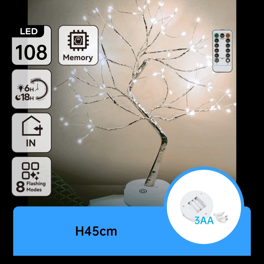 Aigostar - Decoración navideña LED 108xLED/3xAA/8 funciones 45 cm blanco frío