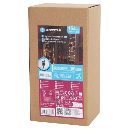 Aigostar - Decoración navideña LED para exteriores 154xLED/8 funciones 1,6m IP44 blanco frío