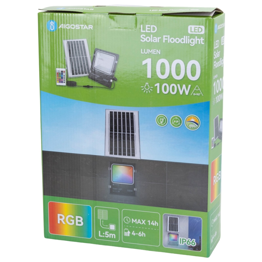 Aigostar - Foco solar LED RGB regulable LED/100W/3,2V IP66 + mando a distancia