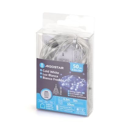 Aigostar - Guirnalda de luces LED 50xLED/3xAA 5,3m blanco frío
