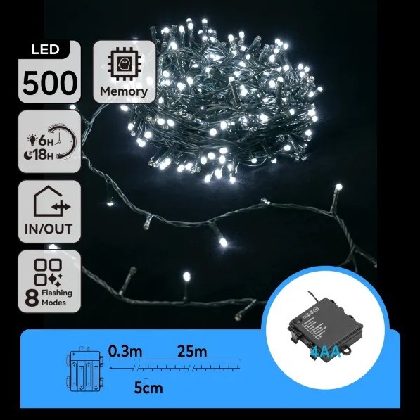 Aigostar - Guirnalda de luces LED para exterior, 500 LEDs, 8 funciones, 4x AA, 25,3 m, IP44, blanco frío